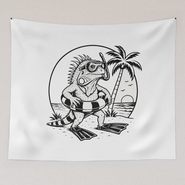 Item preview, Tropical iguana bathing - black and white line drawing designed and sold by OG-CONTROL-P.