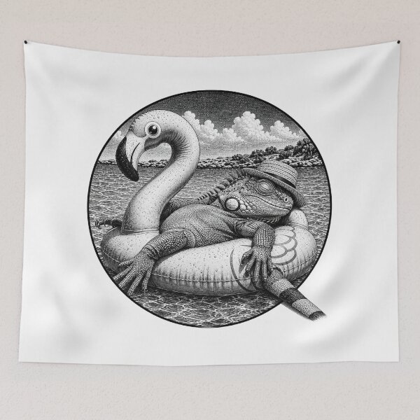 Item preview, Tropical iguana taking a nap - black and white line drawing designed and sold by OG-CONTROL-P.