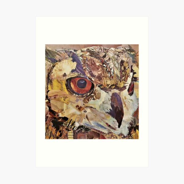 Great Horned Owl Collage Art - CE White Art Art Print