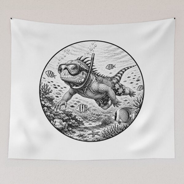 Item preview, Tropical iguana snorkeling - black and white line drawing designed and sold by OG-CONTROL-P.