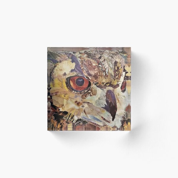 Great Horned Owl Collage Art - CE White Art Acrylic Block