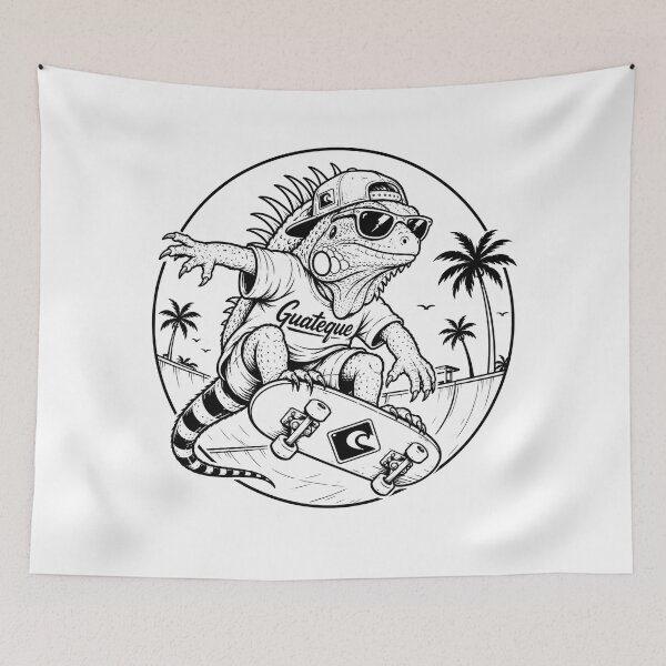 Item preview, Tropical iguana skater - black and white line drawing designed and sold by OG-CONTROL-P.