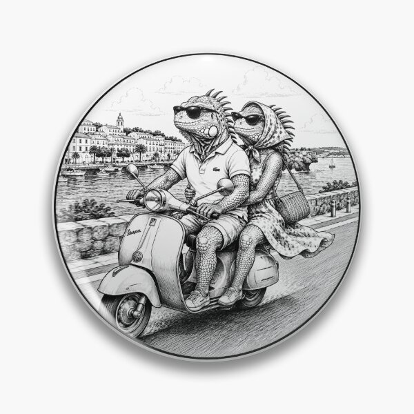Item preview, Pair of Iguanas on a Vespa - black and white line drawing designed and sold by OG-CONTROL-P.