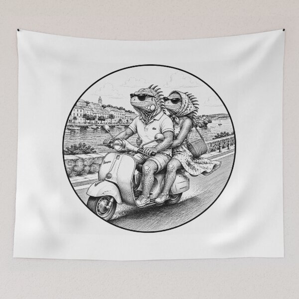 Item preview, Pair of Iguanas on a Vespa - black and white line drawing designed and sold by OG-CONTROL-P.