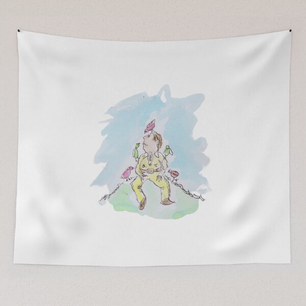 Item preview, man sitting on grass aith birds designed and sold by Inky Fingers Illustrations.