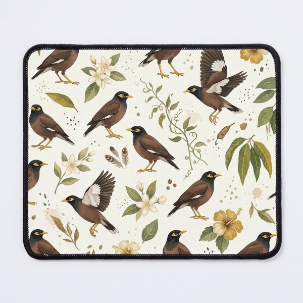 Item preview, Indian Common Myna Bird & Tropical Botanical Gouache Pattern designed and sold by OpenDreamArts.