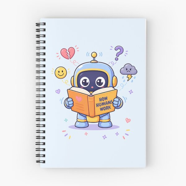 Item preview, Cute Robot Reading “How Humans Work” – Human Emotions Study Cartoon designed and sold by Skaldcraft.