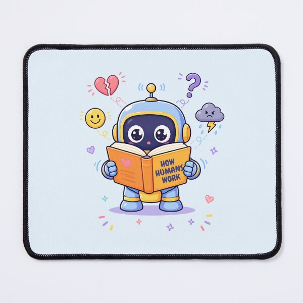Item preview, Cute Robot Reading “How Humans Work” – Human Emotions Study Cartoon designed and sold by Skaldcraft.