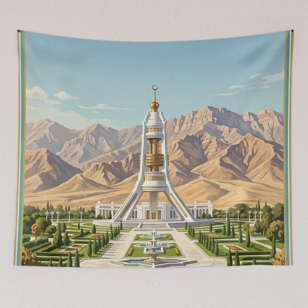 Item preview, Ashgabat Turkmenistan Vintage Travel Poster – Independence Monument & Kopet Dag Art designed and sold by Bomax121.