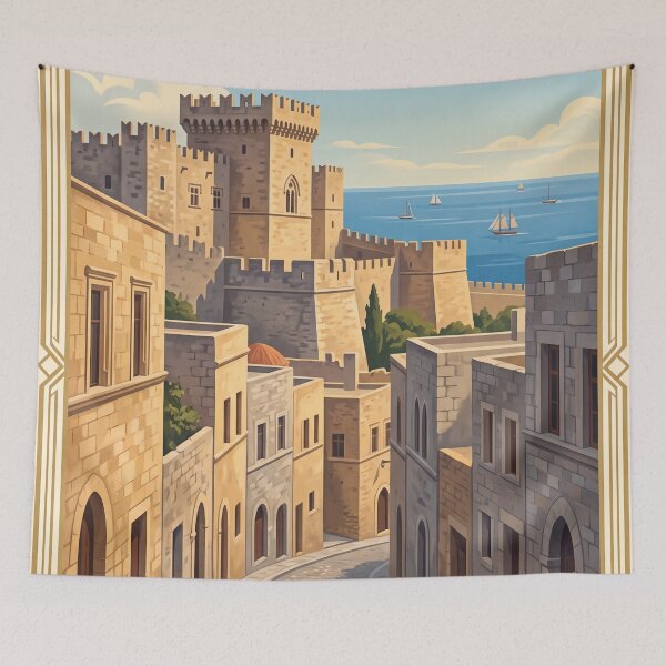 Item preview, Rhodes Greece Vintage Travel Poster – Medieval Old Town & Aegean Sea Art designed and sold by Bomax121.