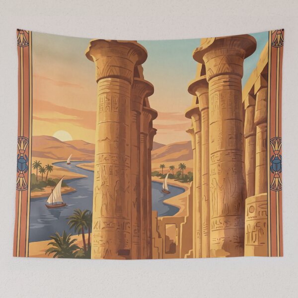 Item preview, Luxor Egypt Vintage Travel Poster – Karnak Temple Columns & Nile River Art designed and sold by Bomax121.