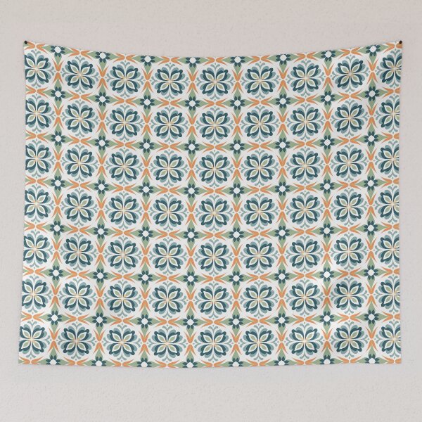 Item preview, Teal & Orange Majolica Bloom Seamless Tile Pattern designed and sold by DigitaICraft.