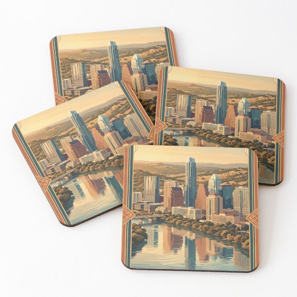 Item preview, Austin Texas Vintage Travel Poster – Downtown Skyline & Lady Bird Lake Art designed and sold by Bomax121.