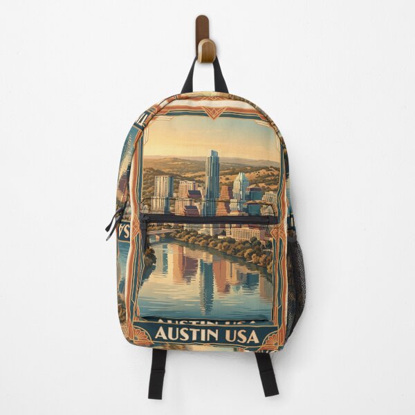 Item preview, Austin Texas Vintage Travel Poster – Downtown Skyline & Lady Bird Lake Art designed and sold by Bomax121.