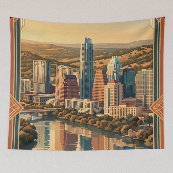 Item preview, Austin Texas Vintage Travel Poster – Downtown Skyline & Lady Bird Lake Art designed and sold by Bomax121.