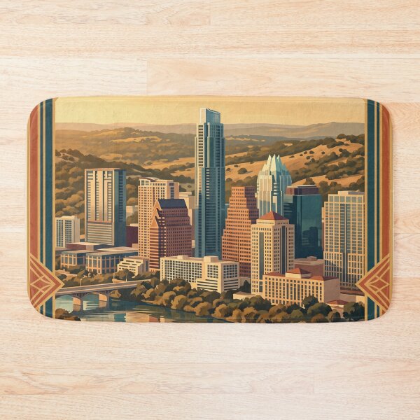 Item preview, Austin Texas Vintage Travel Poster – Downtown Skyline & Lady Bird Lake Art designed and sold by Bomax121.