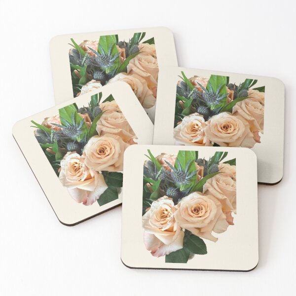 Item preview, Vintage Peach Garden Rose and Blue Thistle Bouquet designed and sold by BalkanBloomArt.