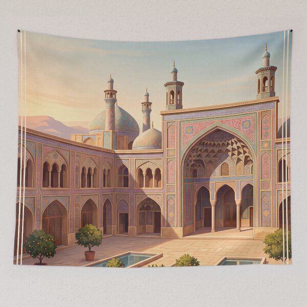 Item preview, Shiraz Iran Vintage Travel Poster – Pink Mosque & Persian Courtyard Art designed and sold by Bomax121.