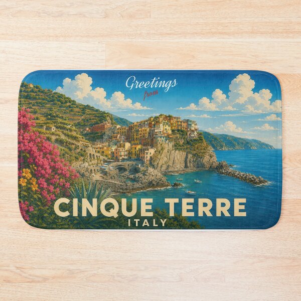 Artikelvorschau, Cinque Terre Italy Vintage Coastal Travel Poster and Greeting Card entworfen und verkauft von Earth Celebration Designs.