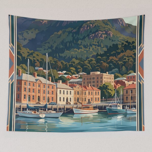 Item preview, Hobart Tasmania Vintage Travel Poster – Waterfront & Mount Wellington Art designed and sold by Bomax121.