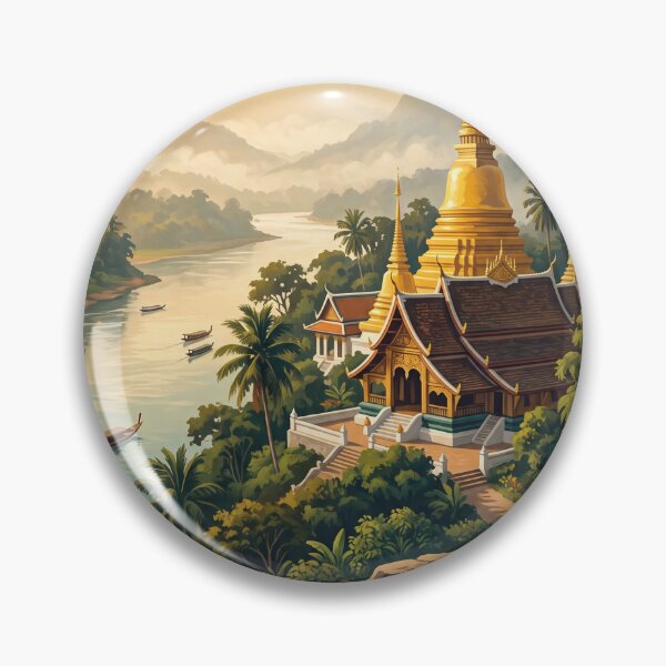 Item preview, Luang Prabang Laos Vintage Travel Poster – Golden Temple & Mekong River Art designed and sold by Bomax121.