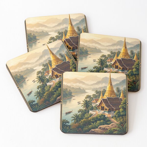 Item preview, Luang Prabang Laos Vintage Travel Poster – Golden Temple & Mekong River Art designed and sold by Bomax121.