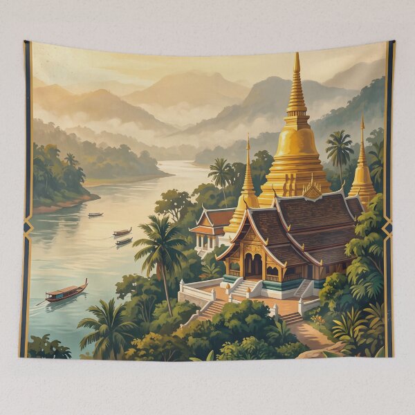 Item preview, Luang Prabang Laos Vintage Travel Poster – Golden Temple & Mekong River Art designed and sold by Bomax121.