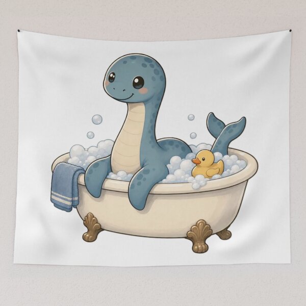 Item preview, Tiny Nessie in a Bathtub with a Rubber Duck | Cozy Cryptid Storm Blue designed and sold by StickyGuys.
