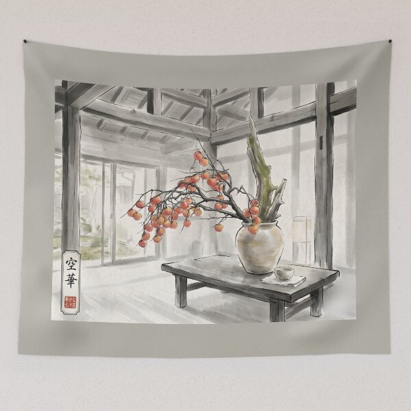 Item preview, Sumi-e Autumn Persimmon Ikebana Art designed and sold by conohitoAI-ArtGallery.