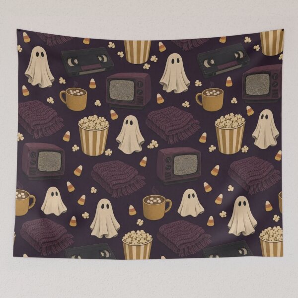 Item preview, Cozy Horror Movie Night Seamless Pattern | Retro Halloween Deep Plum designed and sold by StickyGuys.