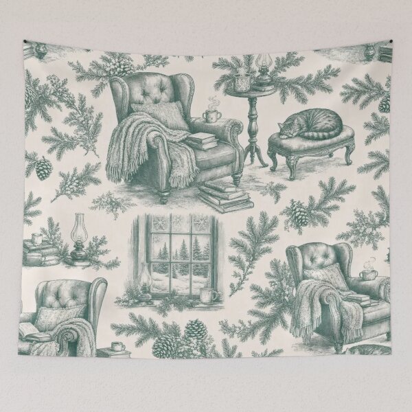 Item preview, Winter Cabin Reading Nook Toile Seamless Pattern | Cozy Hygge Spruce Green designed and sold by StickyGuys.
