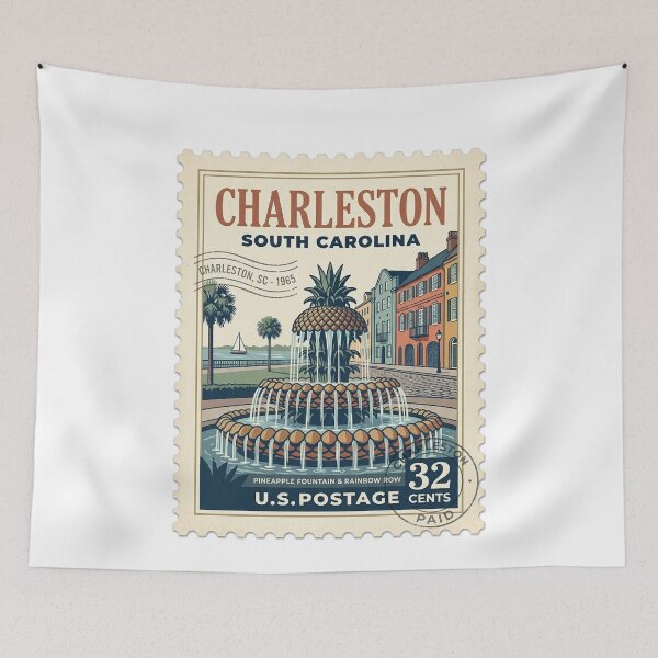 Item preview, Vintage Charleston South Carolina Pineapple Fountain Travel Stamp designed and sold by k3rstman1.
