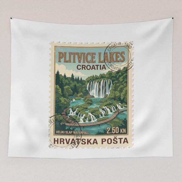 Item preview, Vintage Plitvice Lakes Croatia Waterfalls Travel Stamp designed and sold by k3rstman1.