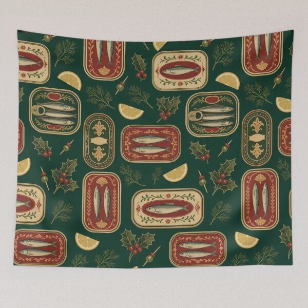 Item preview, Holiday Tinned Fish Assortment Seamless Pattern | Retro Foodie Dill Green designed and sold by StickyGuys.