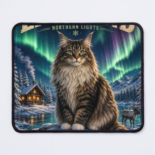 Item preview, Lapland Northern Lights Norwegian Forest Cat Vintage Adventure Cats™ Nordic Travel T-Shirt designed and sold by TeeVibeHaus.
