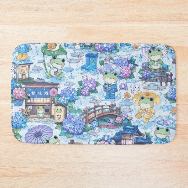 Item preview, Kawaii Frogs in Japanese Rainy Season Seamless Pattern | Hydrangea & Umbrella Wrapping Paper Design designed and sold by kawaii animal store (in Japan).