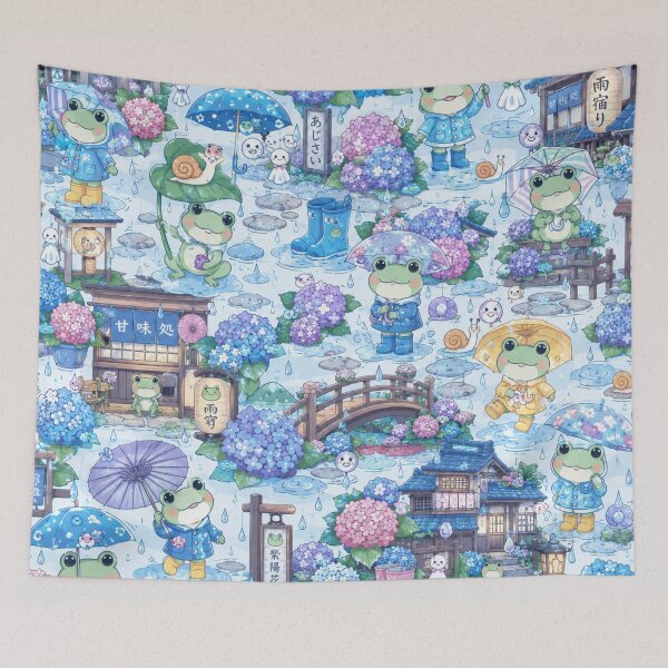 Item preview, Kawaii Frogs in Japanese Rainy Season Seamless Pattern | Hydrangea & Umbrella Wrapping Paper Design designed and sold by kawaii animal store (in Japan).