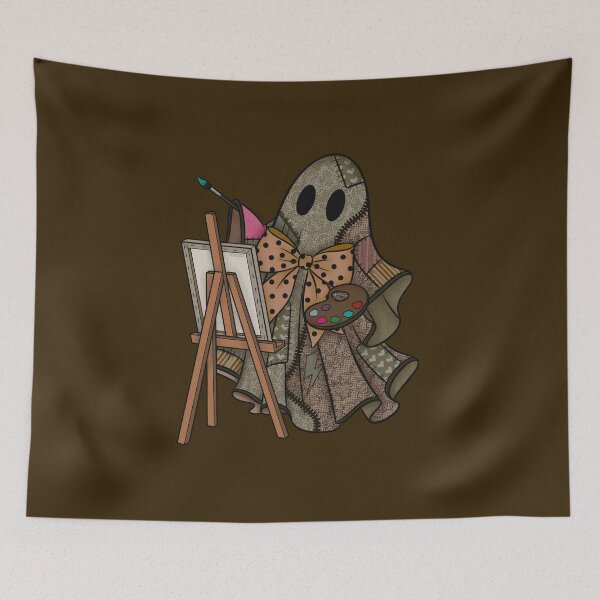 Item preview, Sage Green Patchwork Ghost Artist | Cute Painter Ghost Cottagecore Halloween Art designed and sold by Ink & Kind Studio.