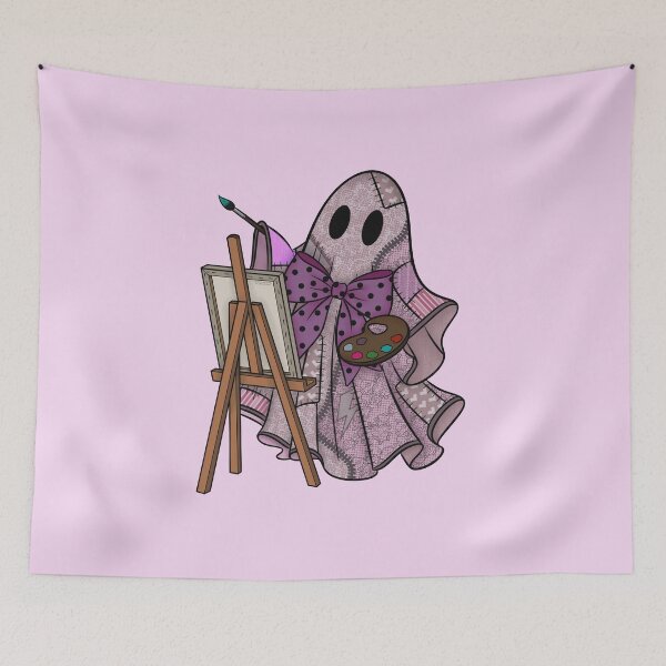 Item preview, Mauve Purple Patchwork Ghost Artist | Cute Painter Ghost Cottagecore Halloween Art designed and sold by Ink & Kind Studio.