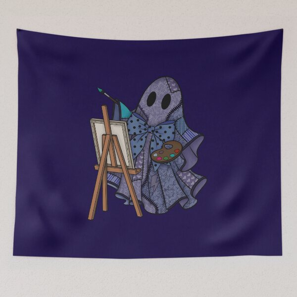 Item preview, Periwinkle Blue Patchwork Ghost Artist | Cute Painter Ghost Cottagecore Halloween Art designed and sold by Ink & Kind Studio.