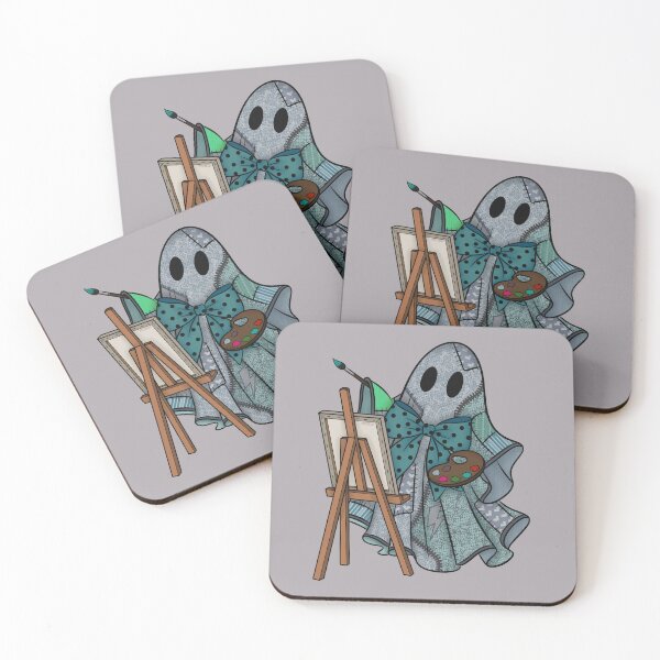 Item preview, Teal Patchwork Ghost Artist | Cute Painter Ghost Cottagecore Halloween Art designed and sold by Ink & Kind Studio.