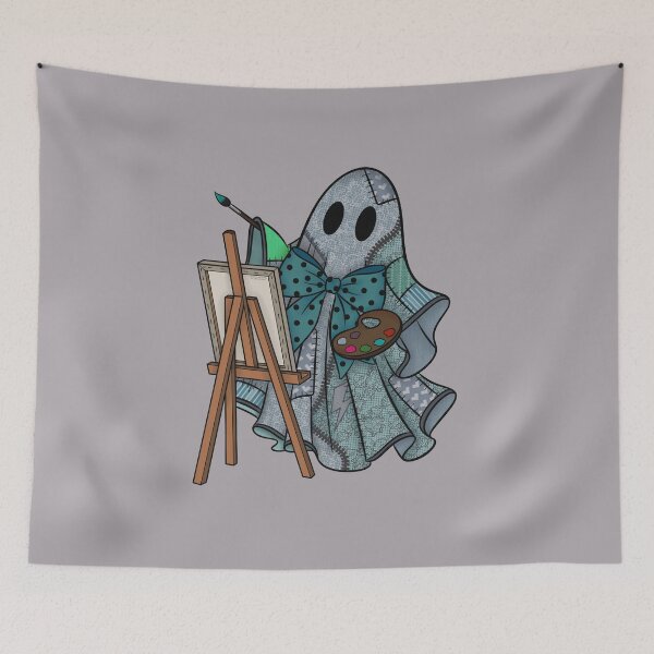 Item preview, Teal Patchwork Ghost Artist | Cute Painter Ghost Cottagecore Halloween Art designed and sold by Ink & Kind Studio.