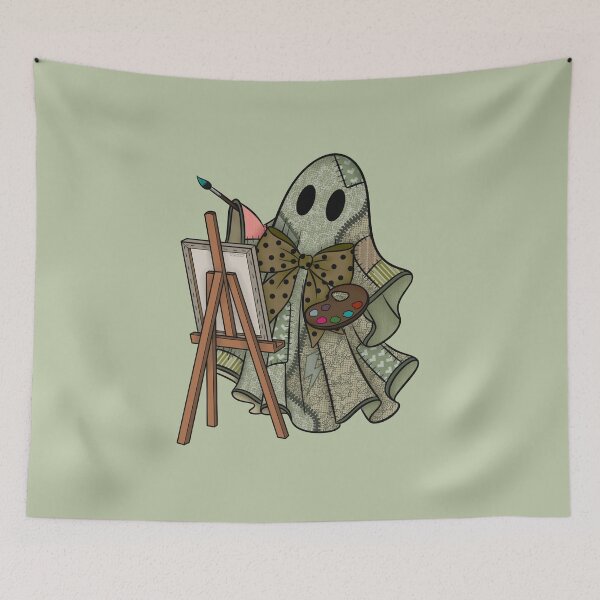 Item preview, Sage Green Patchwork Ghost Artist | Cute Painter Ghost Cottagecore Halloween Art designed and sold by Ink & Kind Studio.