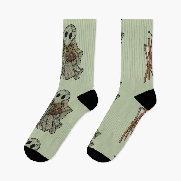 Item preview, Sage Green Patchwork Ghost Artist | Cute Painter Ghost Cottagecore Halloween Art designed and sold by Ink & Kind Studio.