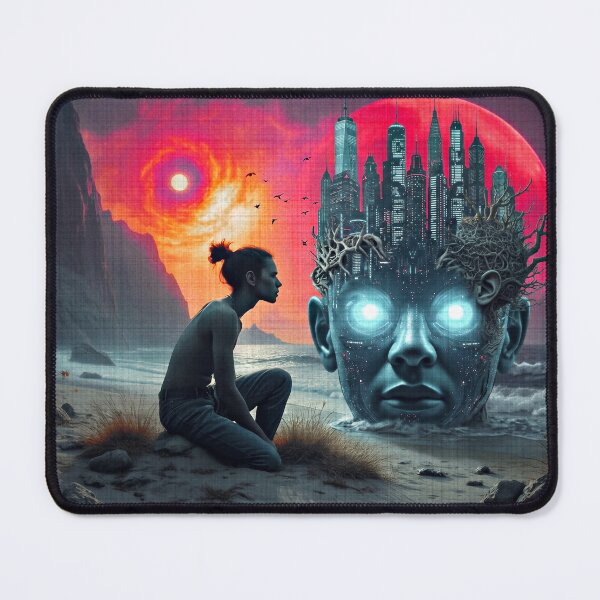 Item preview, Surreal Cyberpunk Giant Head City Ocean Sunset Sci Fi Art designed and sold by RAMIX-Y2K.