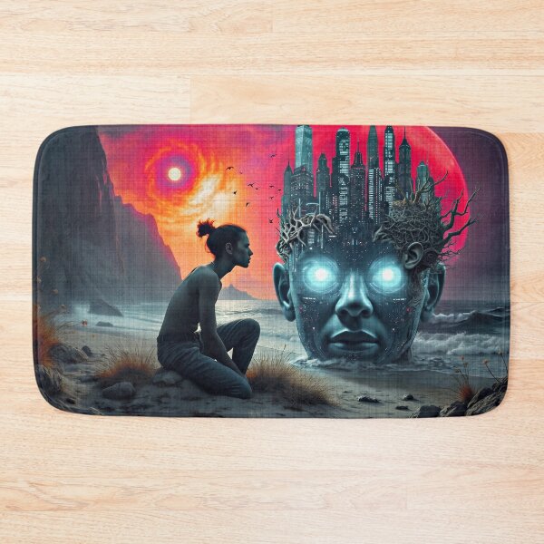 Item preview, Surreal Cyberpunk Giant Head City Ocean Sunset Sci Fi Art designed and sold by RAMIX-Y2K.