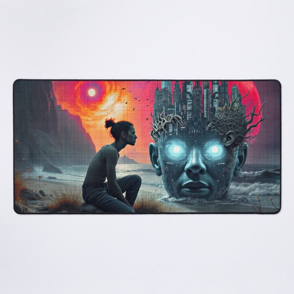 Item preview, Surreal Cyberpunk Giant Head City Ocean Sunset Sci Fi Art designed and sold by RAMIX-Y2K.