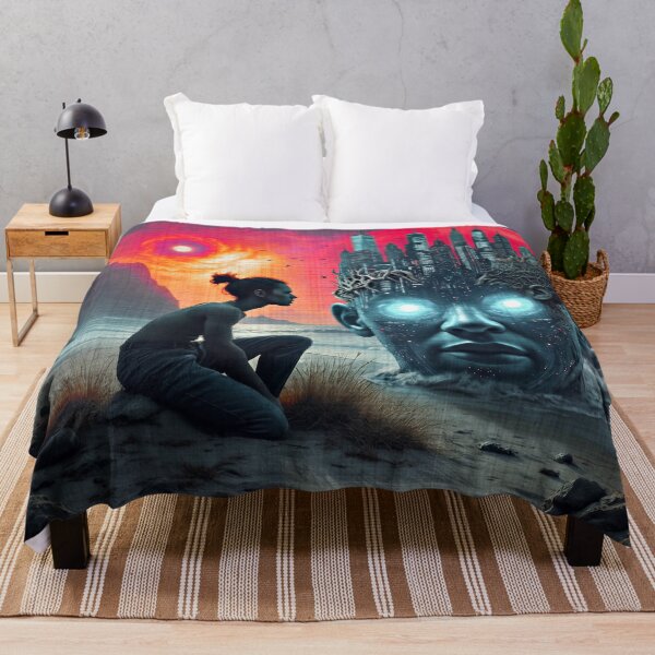 Item preview, Surreal Cyberpunk Giant Head City Ocean Sunset Sci Fi Art designed and sold by RAMIX-Y2K.