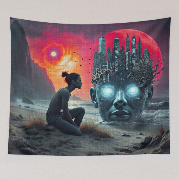 Item preview, Surreal Cyberpunk Giant Head City Ocean Sunset Sci Fi Art designed and sold by RAMIX-Y2K.