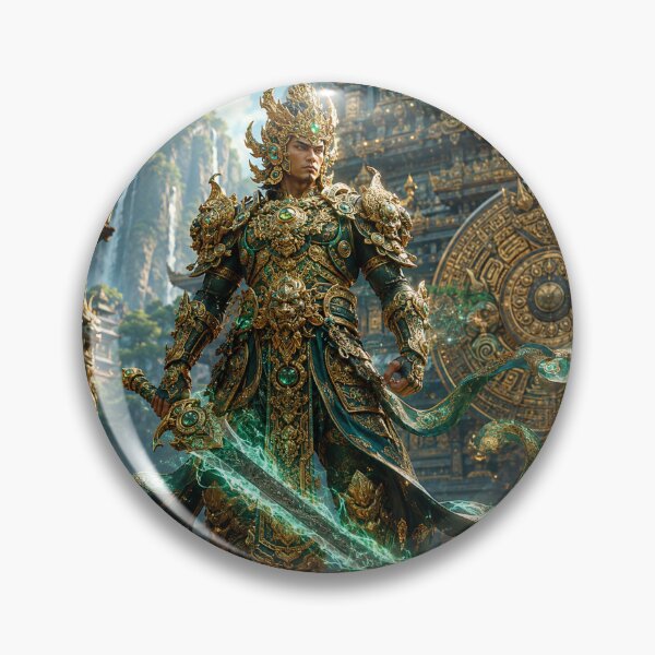 Item preview, Mythical Guardian in Gold & Jade Armor | Fantasy Warrior with Magical Energy Sword | Cinematic Temple Art Print designed and sold by lavanya11.